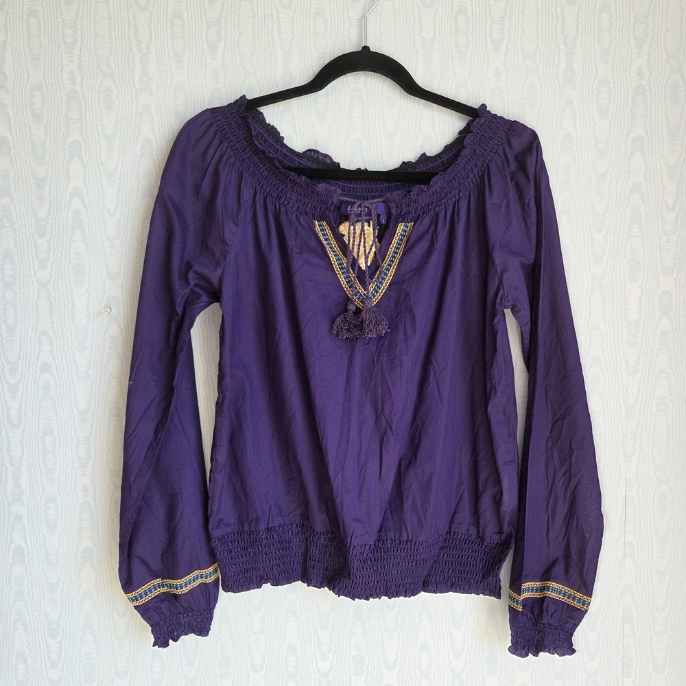 NWT Miley Cyrus Max Azria Women L‎ Purple Smocked Embroidered Peasant Top Boho